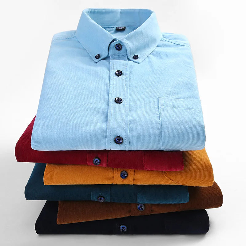 2025 Cotton Corduroy Casual Warm Solid  Shirt Long Sleeve Winter Regular Fit Mens Men's Shirts with Pokets