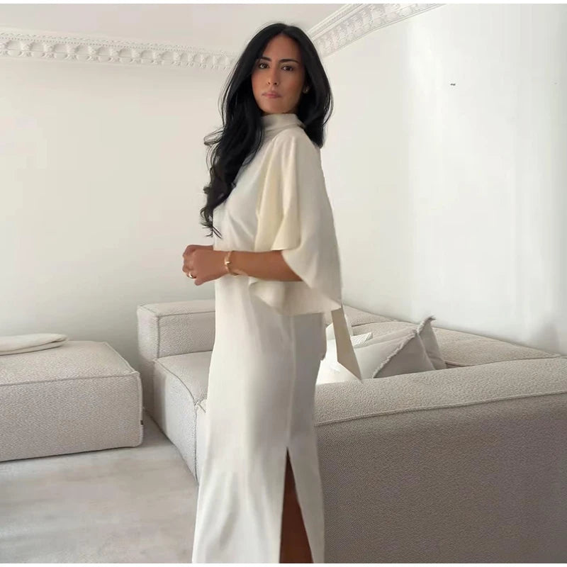 Women Solid Satin Maxi Dress High Neck Batwing Sleeve Loose Fit Front Slit Dresses Lady 2026 Summer Elegant Evening Party Outfit