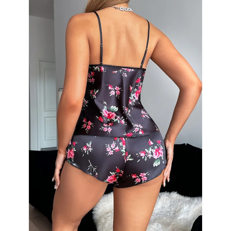 Women'S Sexy Lace-Trimmed V-Neck Cami & Shorts Pajama Set Floral Print Comfort Elegant Sleepwear Print Pajamas