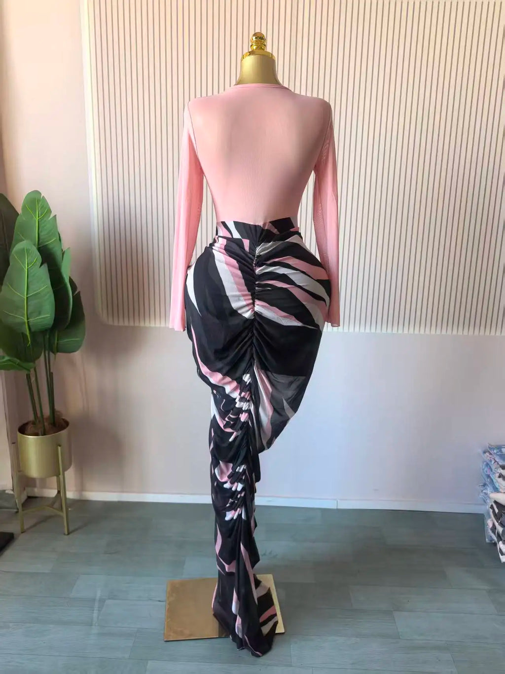 CM.YAYA Women Tie Dye Striped Patchwork Stacked Ruched Bodycon Midi Maxi Long Dress Fall Winter Education Vacation Prom Dresses