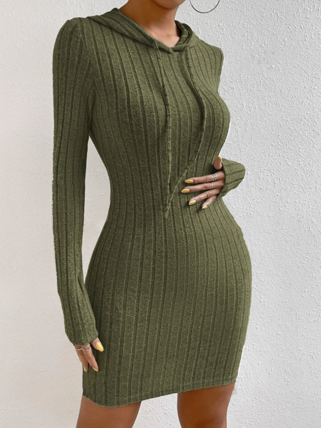 Women's Plain Hooded Drawstring Dress, Casual Tight-Fitting Long Sleeve Dress for Spring & Fall, Comfortable Moderate Fabric