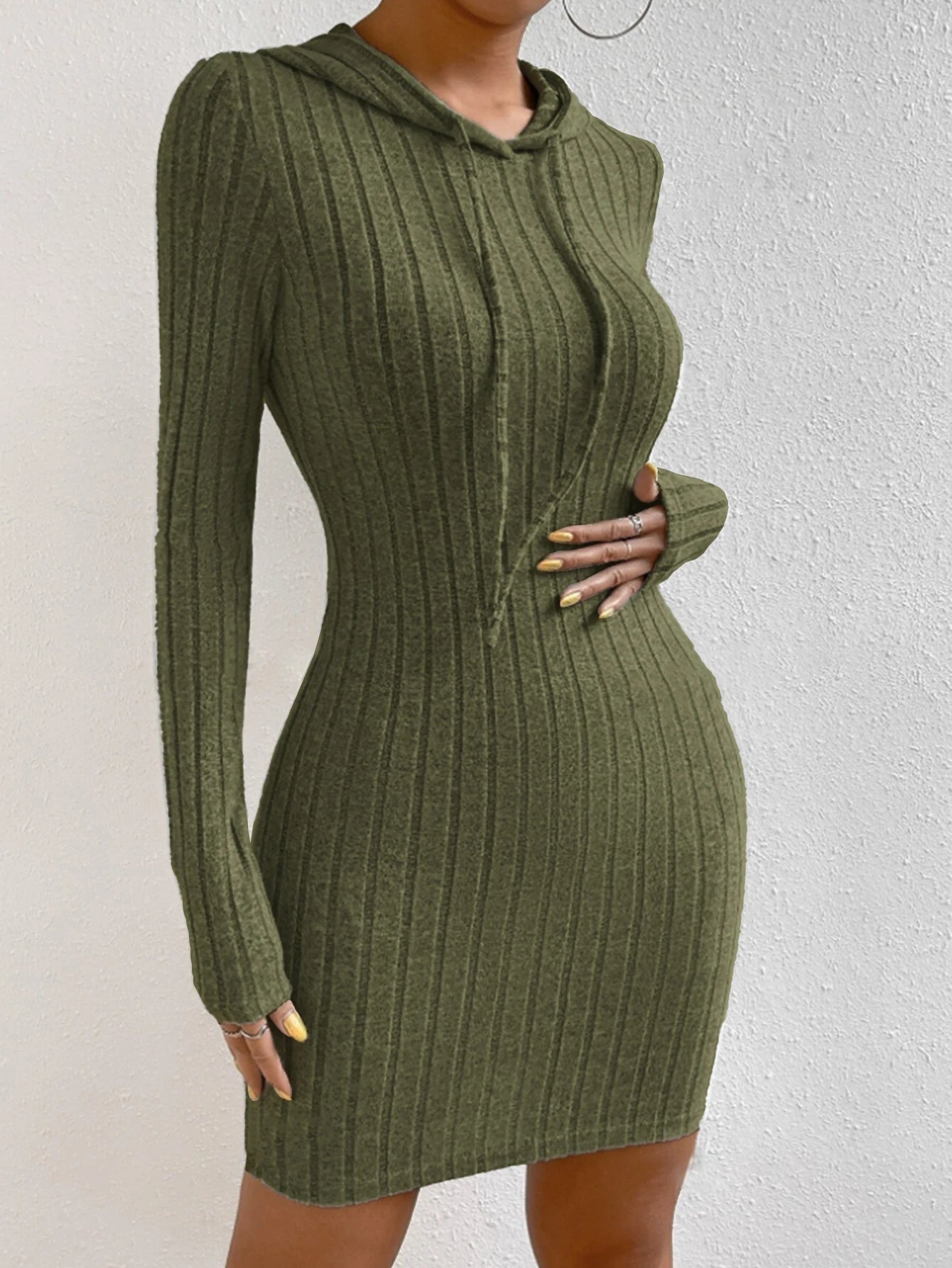 Women's Plain Hooded Drawstring Dress, Casual Tight-Fitting Long Sleeve Dress for Spring & Fall, Comfortable Moderate Fabric