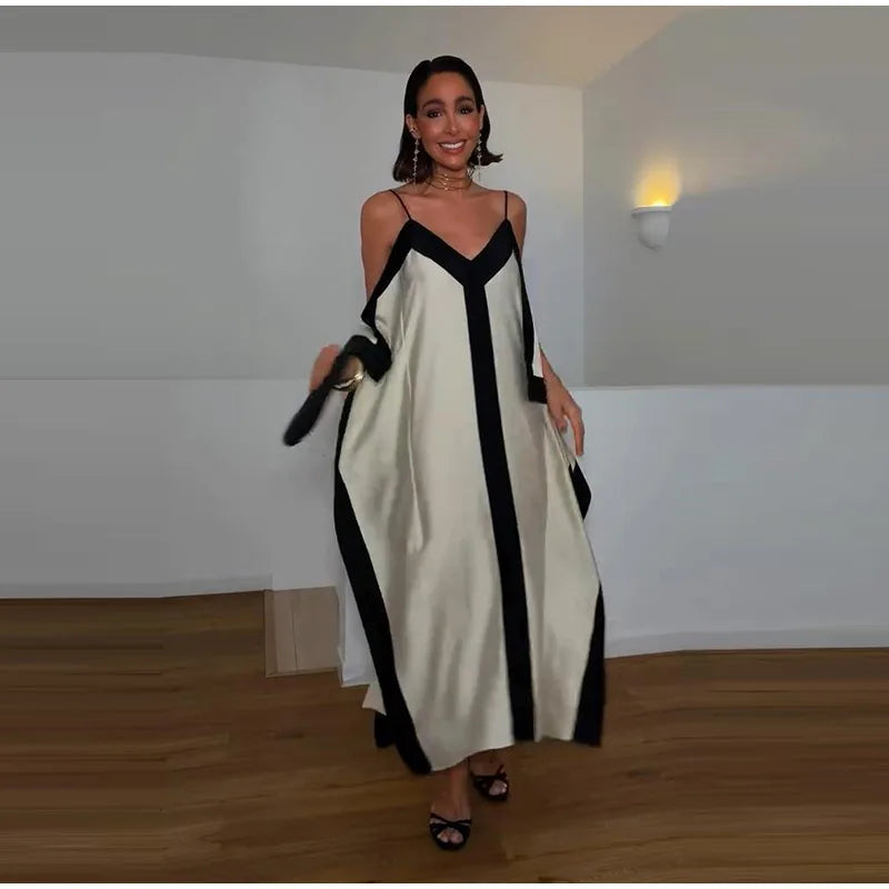 Contrast Black Trim Satin Cami Maxi Dress Deep V Neck Loose Flowy Ruffle Hem Lady Long Gown 2026 Summer Formal Vacation Dresses