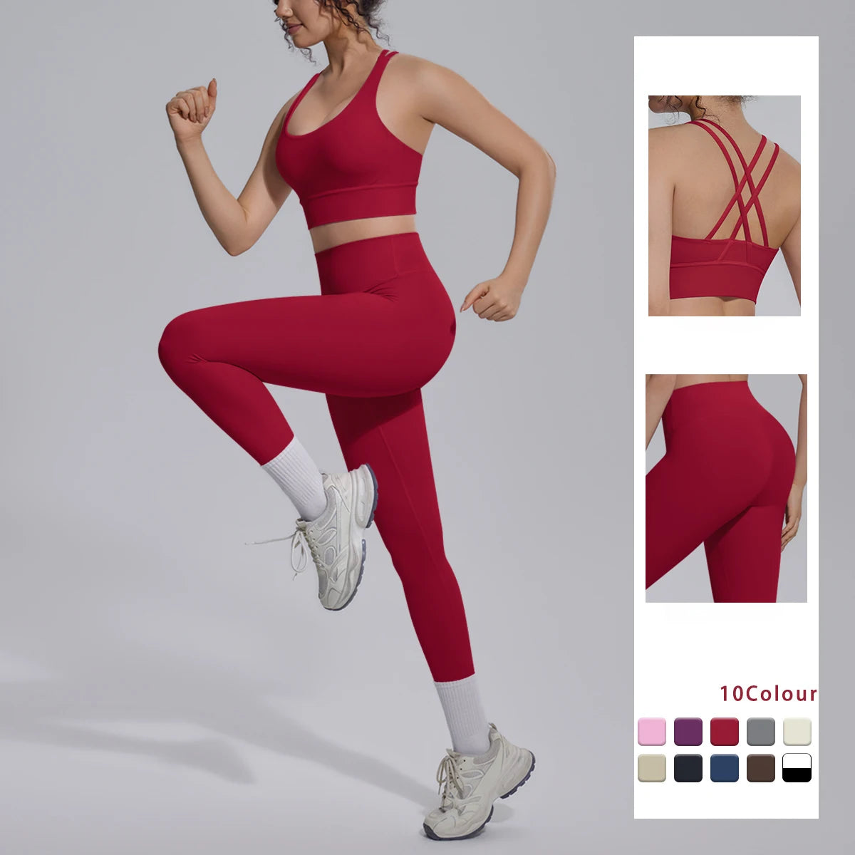 2PCS Yoga Set Summer Gym Sports Running Yoga Clothing Solid Color Cross Bra Workout Top High Waisted Quick Drying Fitness Pants