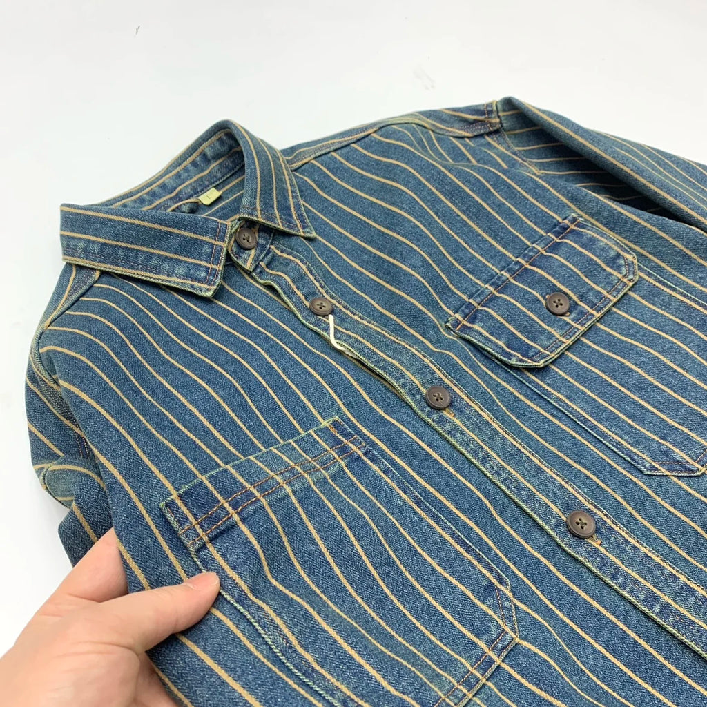 2025 Autumn New American Retro Heavyweight Striped Denim Shirt Jacket Men's 100% Cotton Washed Old Fashion Loose Casual Coat