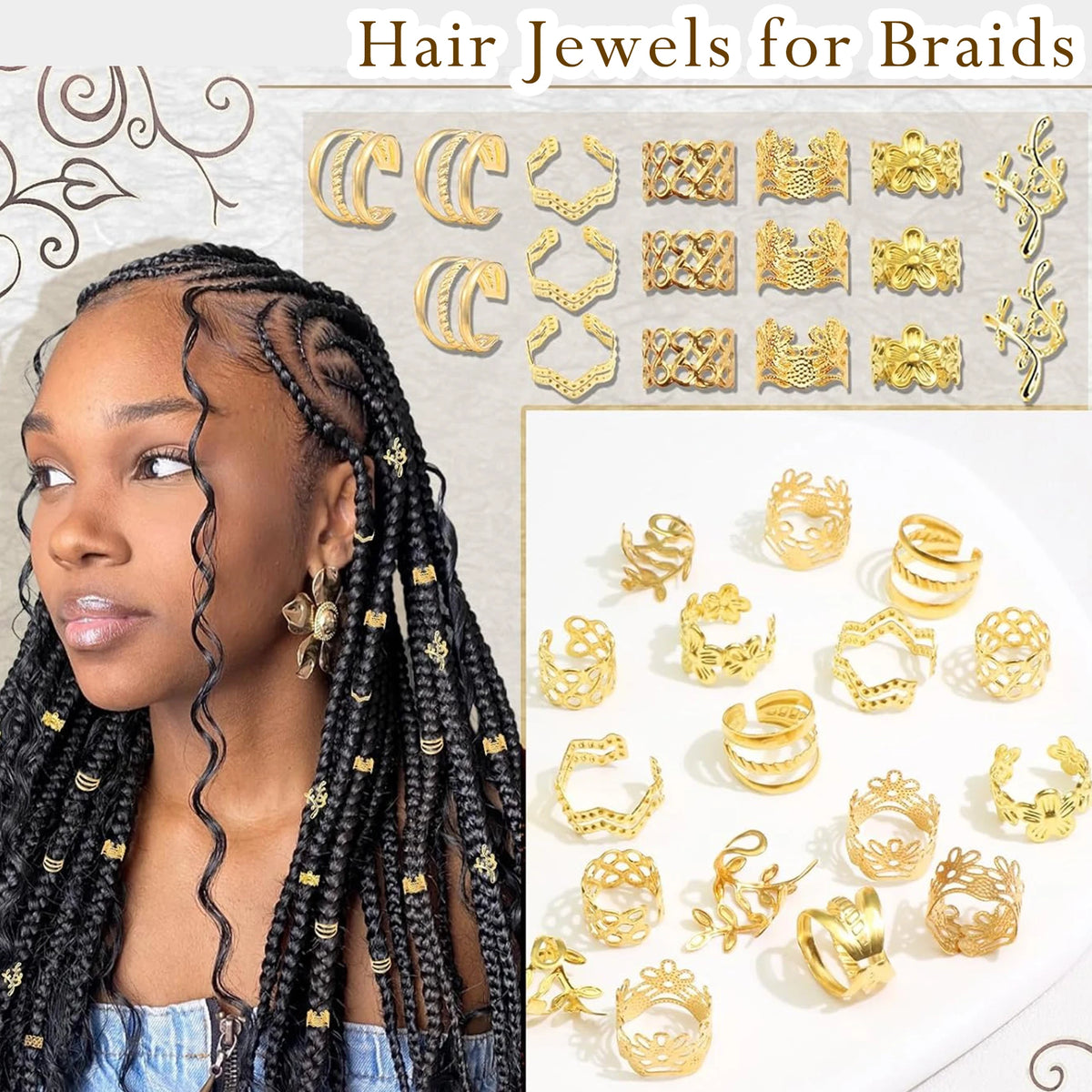 60PCS Hair Jewelry for Braids Gold Braid Clips Style Dreadlock Jewelry Metal Loc Braids Accessories Hair Decoration for Women
