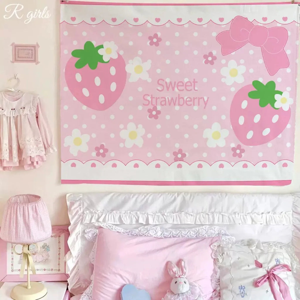 Sweet Pink Strawberry Tapestry, Polka Dot Wall Hanging, Cute Kawaii Background Cloth for Bedroom Dorm Aesthetic Decor
