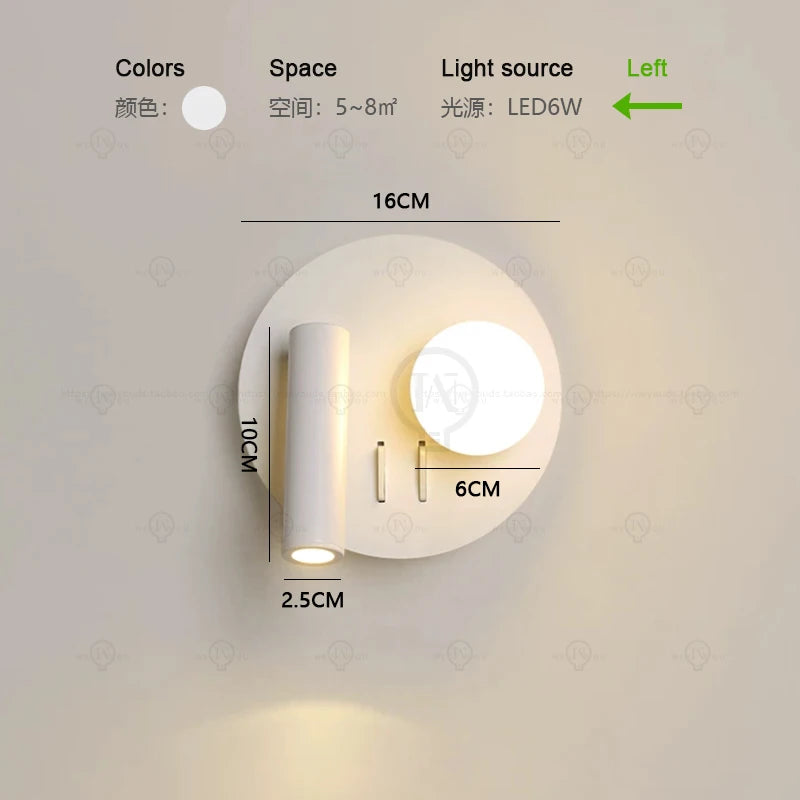 White wall lamp backlight 350 degree rotation adjustable wall lamp hotel bedroom bedside study reading desk lamp with switch
