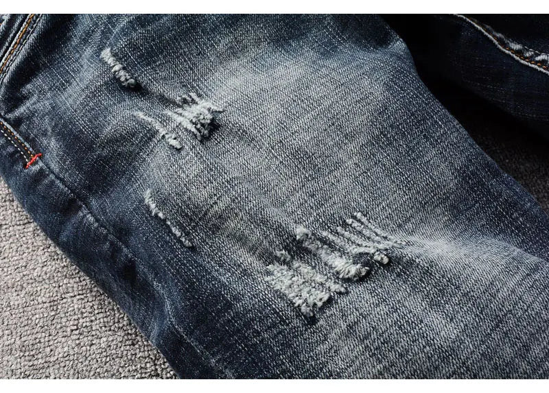 Italian Style Fashion Men Jeans High Quality Retro Black Blue Elastic Slim Fit Ripped Jeans Men Vintage Designer Denim Pants