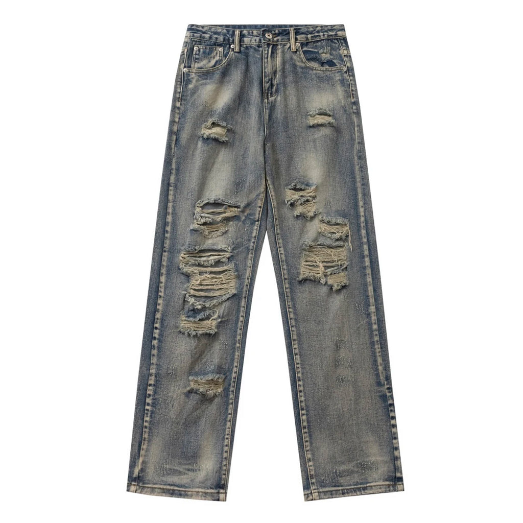 Men's Vintage Washed Distressed Ripped Tapered Jeans Slim Fit Straight Leg Destroyed Denim Pants Streetwear Y2k Jean Trousers