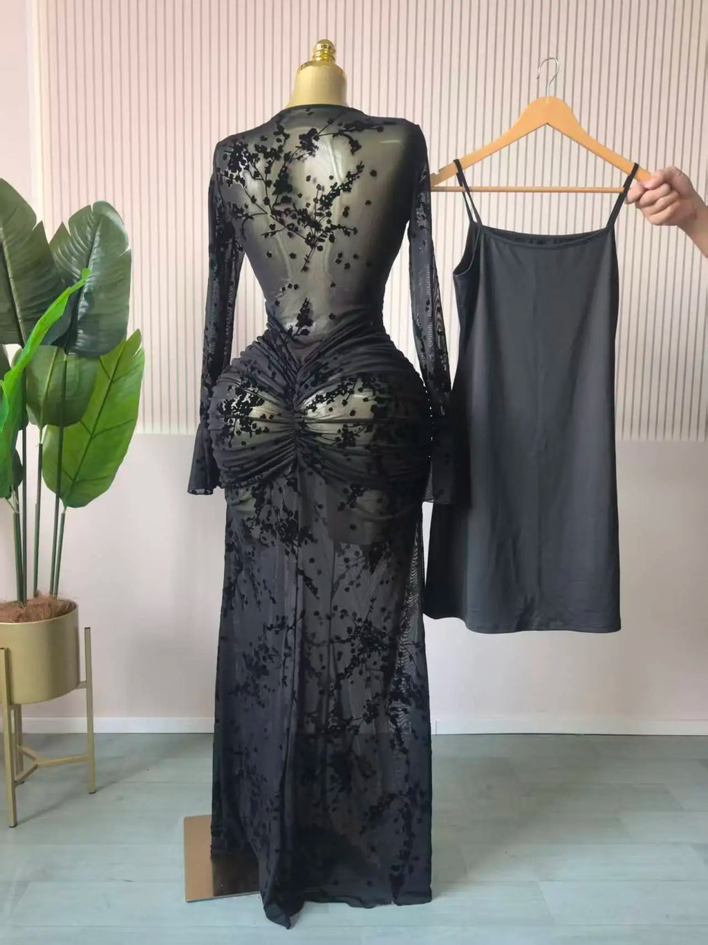 CM.YAYA Women Long Sleeve Ruched Mesh See Though with Lining Bodycon Long Dress 2025 Fall Evening Birthday Sexy Party Dresses