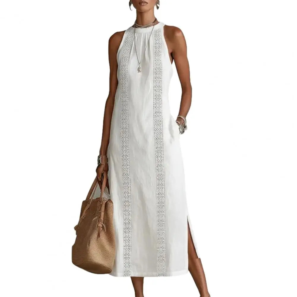 Women Boho Side Split Sundress Summer Sleeveless Hanging Neck Solid Color Lace Lace Splicing Split Sleeveless Dress Beach Skirt
