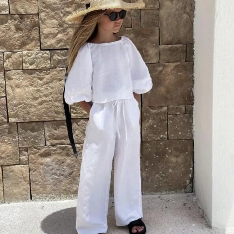 Baby Girl Linen Cotton Clothes Set Shirt+Pant 2pcs Infant Toddler Child Clothing Set Solid Color Spring Baby Clothes 1-7Y