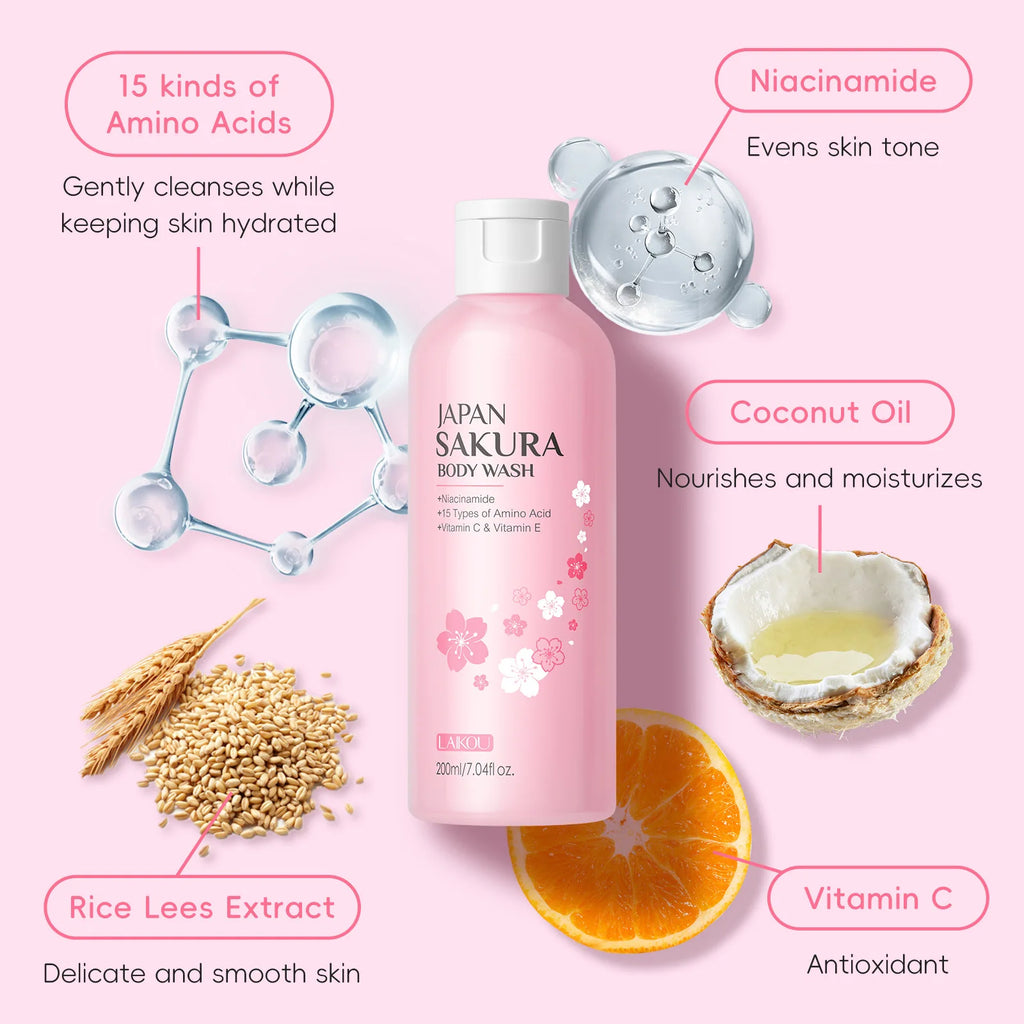 LAIKOU Japan Sakura Body Wash Long Lasting Fragrance Gentle Foaming Moisturizing Smooth Skin Shower Gel 100ml