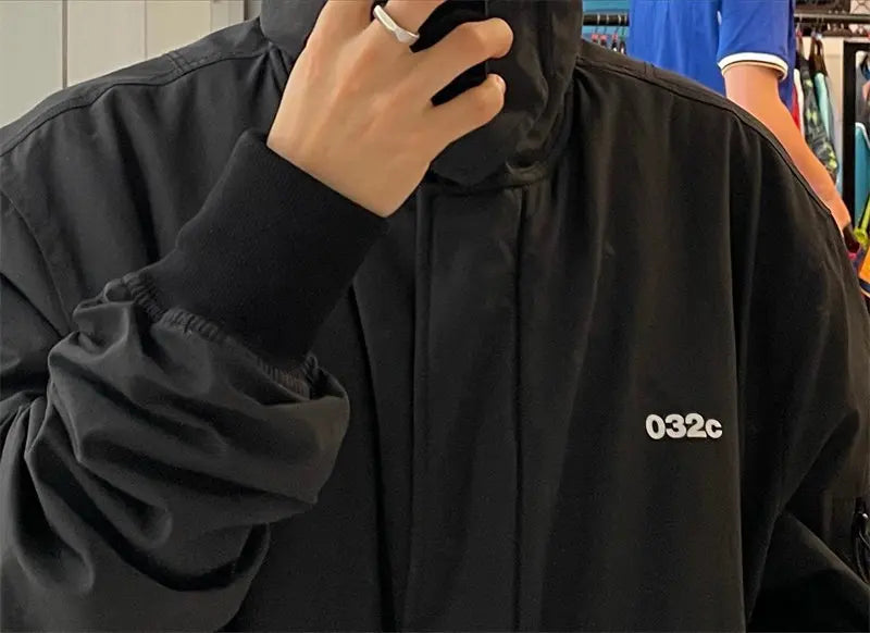 032C black silhouette short wide bomber zip multi pocket jacket
