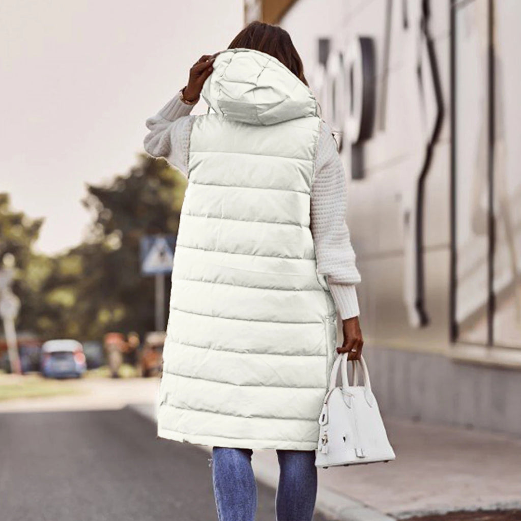 Women's Long Coat Vest With Hood Autumn Winter Sleeveless Warm Cotton Down Coat Waistcoat Quilted Vest Down Jacket Outwear 2XL
