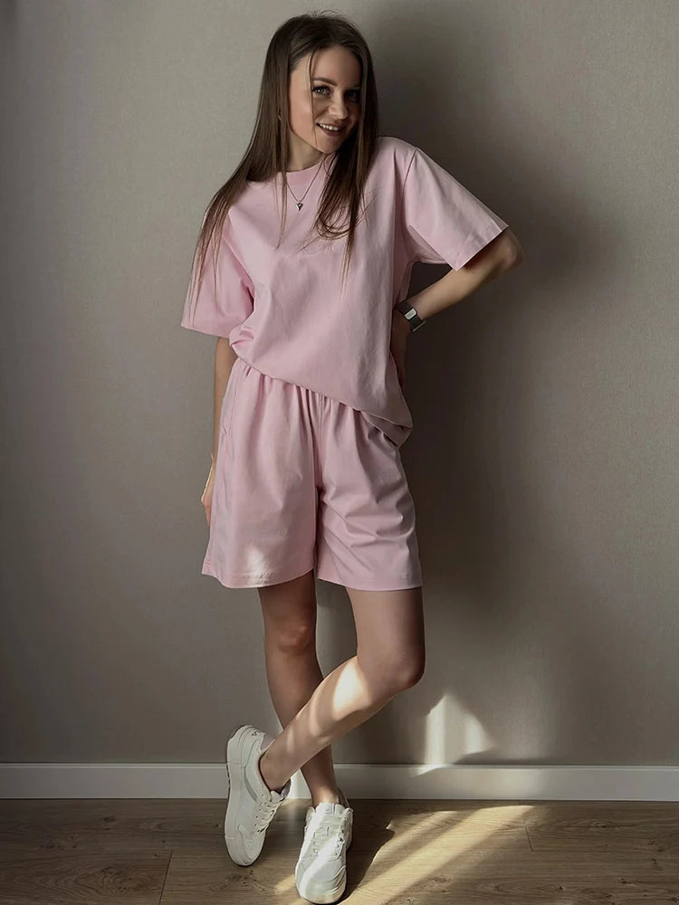 Summer 2 Piece Shorts Set Woman Cotton Brown Oversized T Shirts And Shorts Two Pieces Outfits For Women White Short Sets Pink