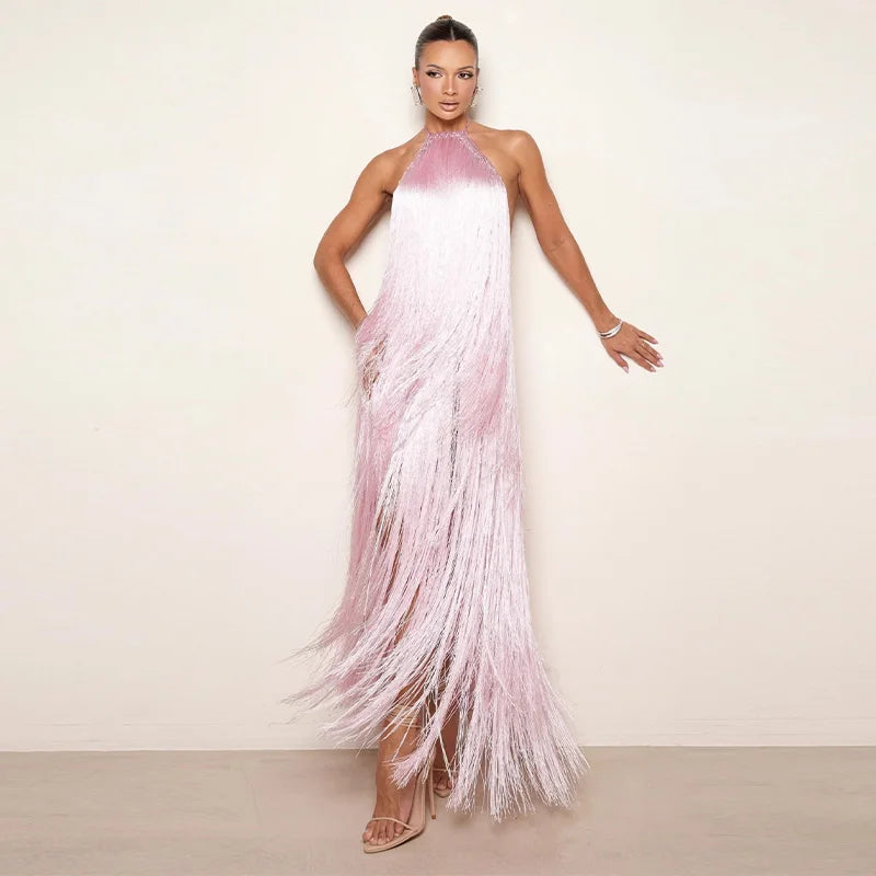 Party Women's Dress Halter Sleeveless Backless Tassel Solid Female Long Holiday Dresses 2026 Summer Fashion Elegant Lady Robe