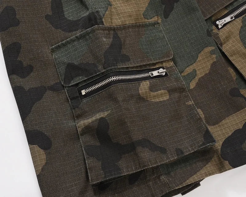 Men's Camouflage Shorts Multi Pocket Zipper Cargo Shorts Streetwear Elastic Drawstring Waist Shorts Male ﻿
