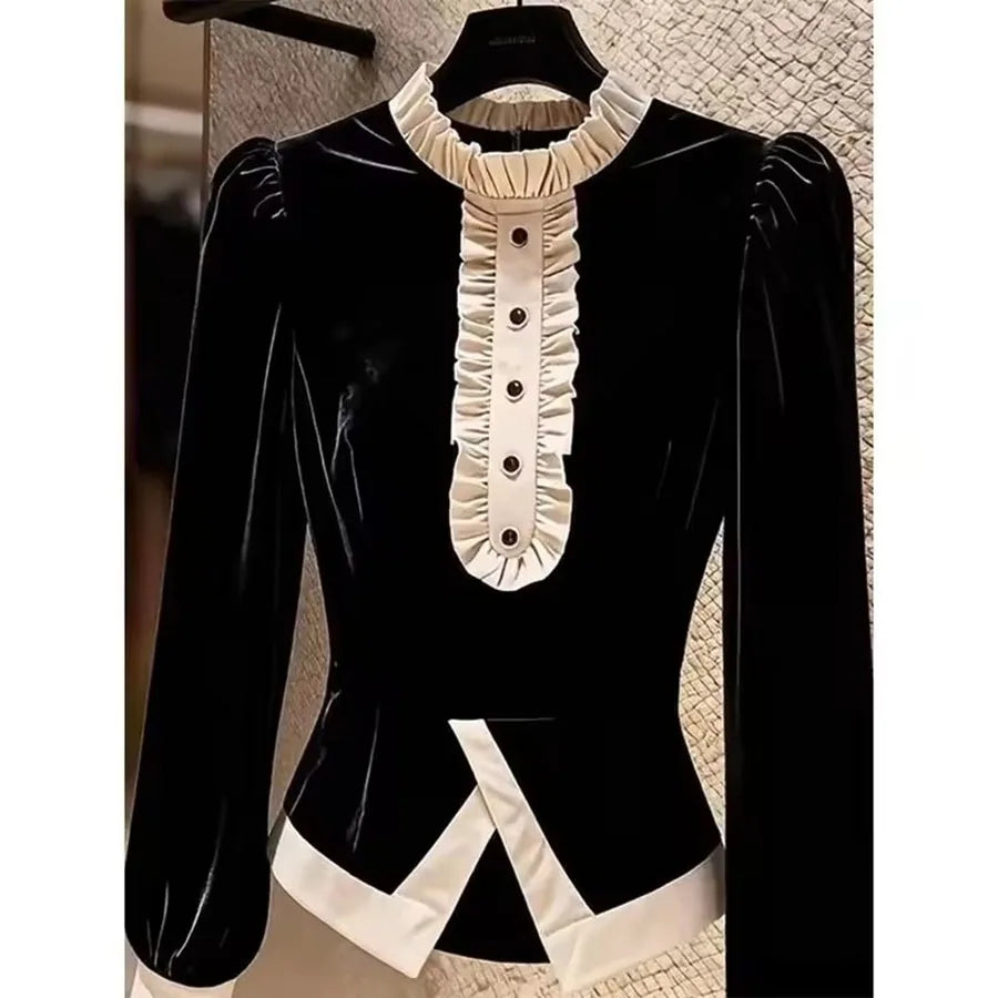 Autumn New High-Quality Fake Two Pieces of Black Stitching Velvet Shirt Women's  Fashion Long-sleeved Elegant Casual Lady Blouse
