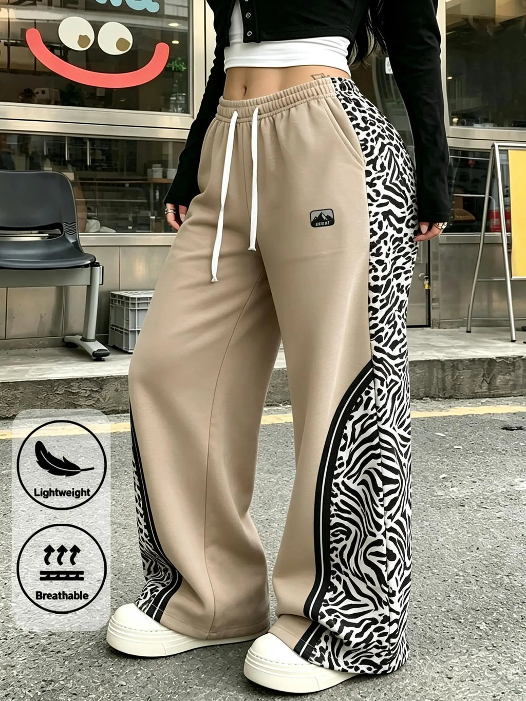 Women Leopard Spliced Wide Leg Sweatpants Drawstring Elastic Waist Casual Street Trousers