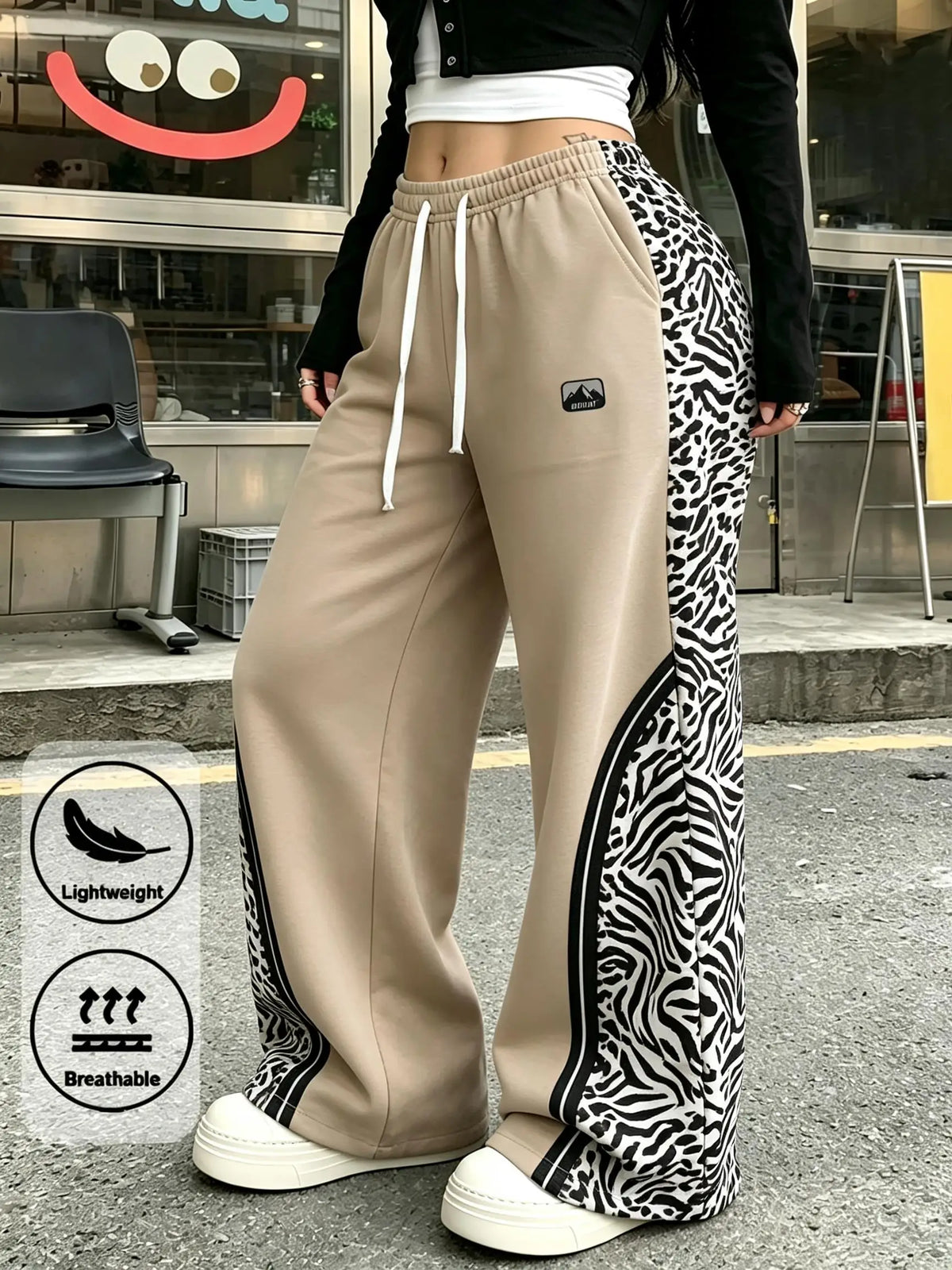 Women Leopard Spliced Wide Leg Sweatpants Drawstring Elastic Waist Casual Street Trousers