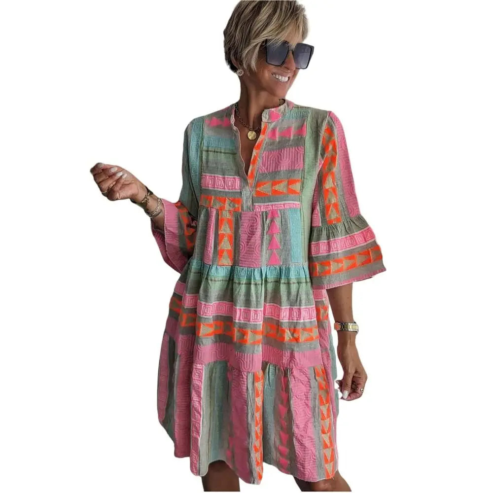 Knee Length Printed Dress Printed Design Breathable Three Quarter Sleeve Dress Loose Fit Comfortable V-Neck Dress Women Wear