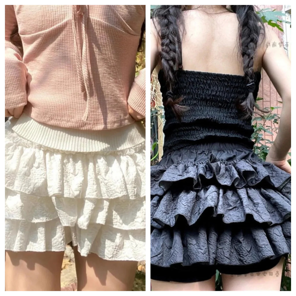 Kawaii Ball Gown Short Skirt Pleated Ruffles Layered High Waist Solid Mini Cake Skirts Lolita Girl Sweet Cute Elastic Waist  Y2K