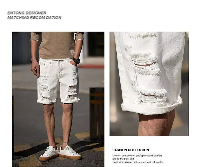 Men's Fashion Denim Shorts Summer Ripped Casual Denim Knee Length Solid Jeans Shorts White Classic Jeans Shorts Y2k Streetwear