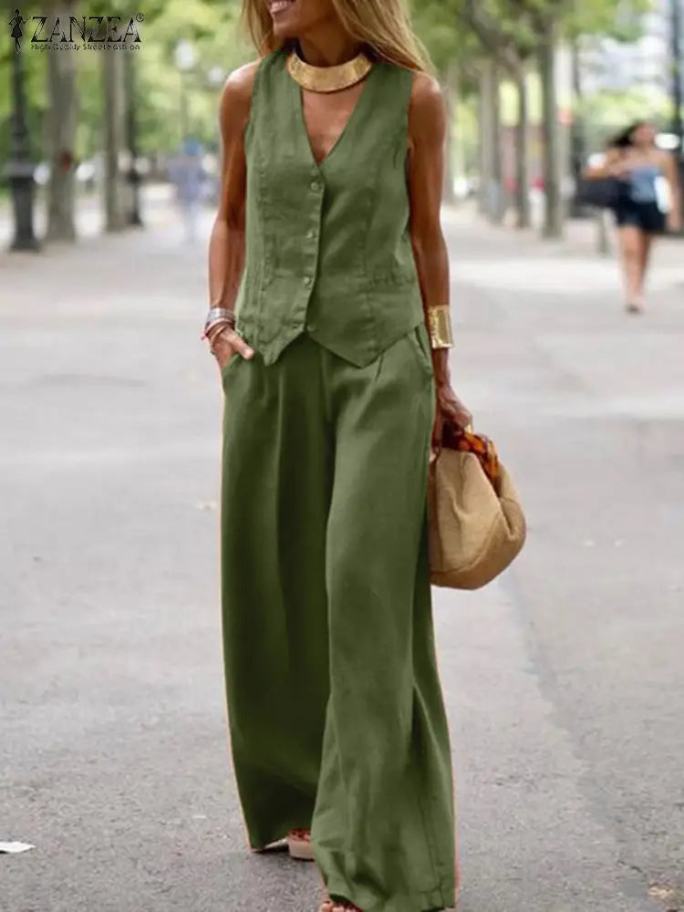 ZANZEA 2026 Women's Two-Piece Sets Wide Leg Pants & Vest Tops Summer Elegant Casual Pant Suits Outfits Office Work Plus Size 5XL