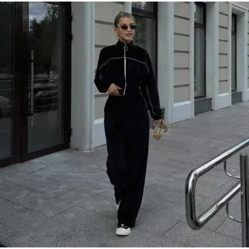 Women's Casual Solid Color Two-piece Short Stand-up Collar Jacket Wide-leg Pants 2026 Street Style Women's Clothing Set