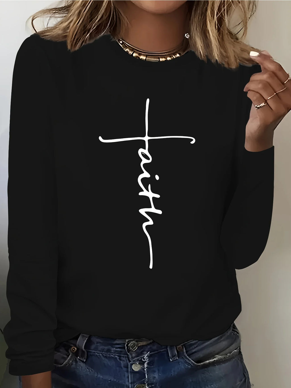 Women's Spring and Autumn 100% pure cotton fashionable casual loose Christian English printed round neck long sleeved T-shirt