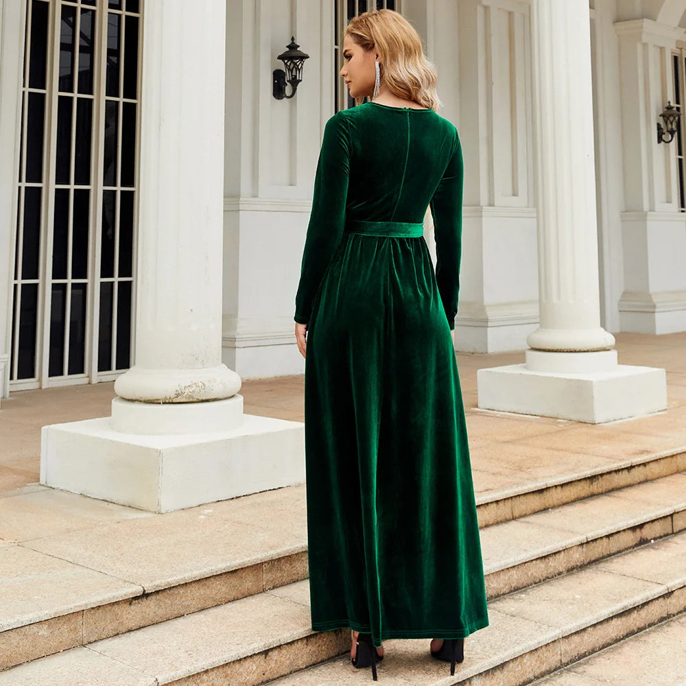 Spring 2025 Elegant Red Long Dress Velvet Solid Color Premium Formal Evening Vestidos Festa Luxo Rojo Maxi Dresses For Women
