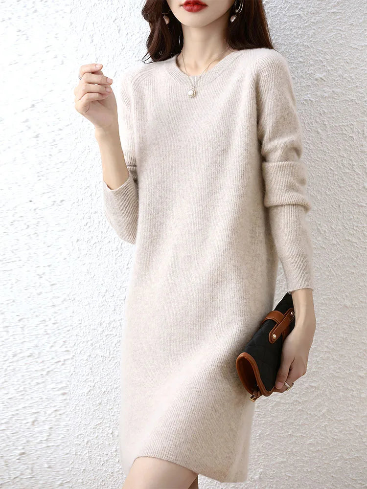 Knit Dresses for Women's Fashion Sweater 100% Merino Wool Winter Ladies O-Neck Warm Knitted Dress Fall Female Casual Black Skirt