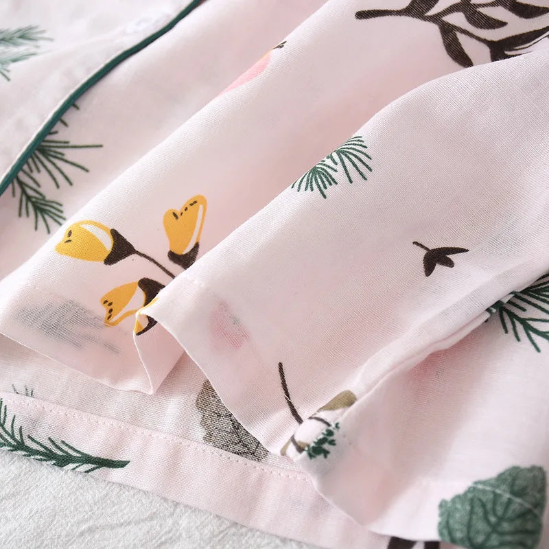 Three-piece Japanese-style pajamas women spring and summer autumn 100% cotton gauze short-sleeved shorts trousers summer suit ho