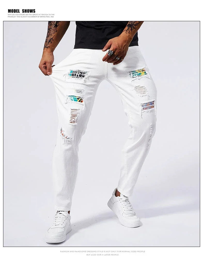 White 97% Cotton Jeans Men Clothing New Ripped Slim Patchwork Fashion Hole Skinny Elasticity Denim Trousers Male Streetwear