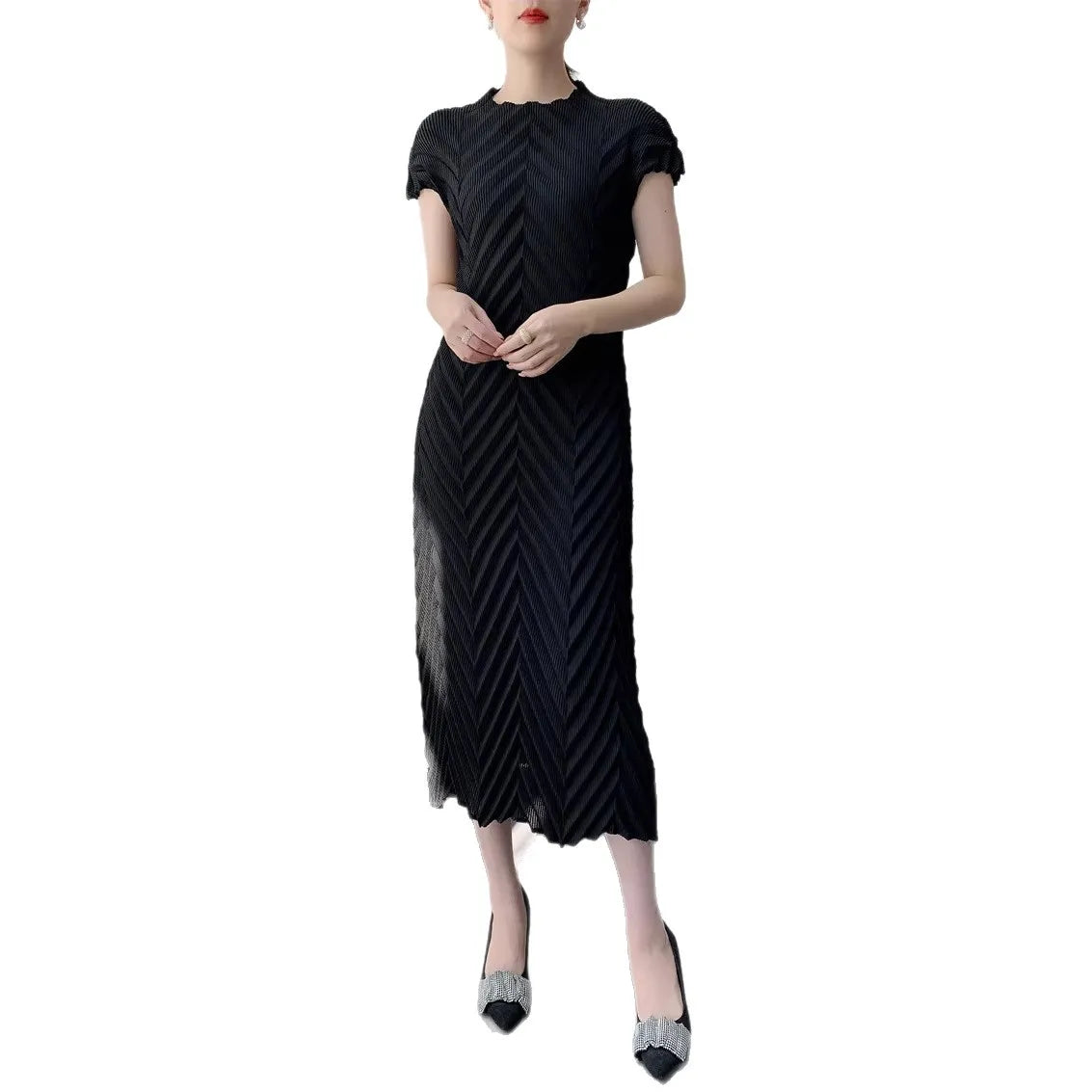Miyake Handmade Pleated Dress Women's 2026 Spring New Solid Color Half-high Collar Sleeves Pullover Elegant Pleated Skirt