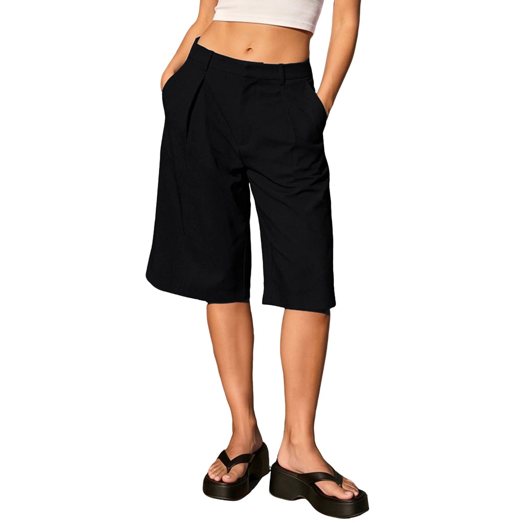 2026 New Women's Summer Casual Solid Color Knee Length Shorts with Pockets Ladies Bermuda Shorts Sexy Low-Rise Wide-Leg Trousers