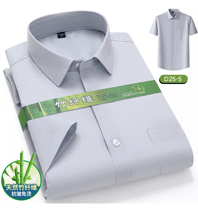 Men's Summer Bamboo Fiber Shirt Short Sleeve Lightweight Casual Breathable Soft Fabric Easy Care Slim Fit Business Casual Wear