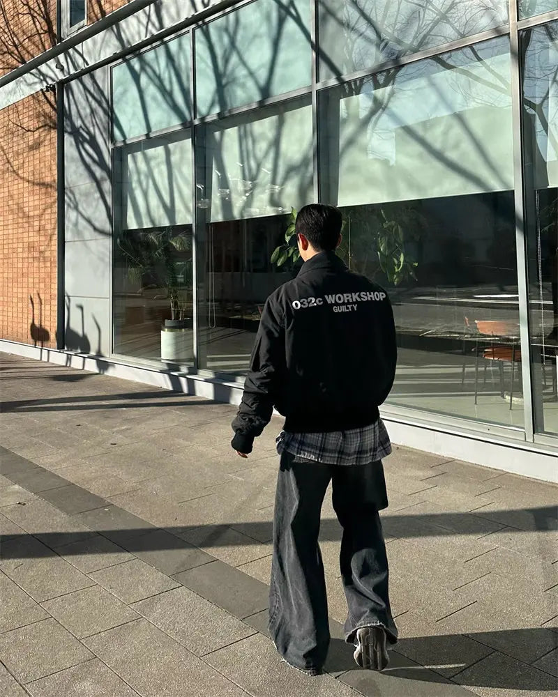 032C black silhouette short wide bomber zip multi pocket jacket