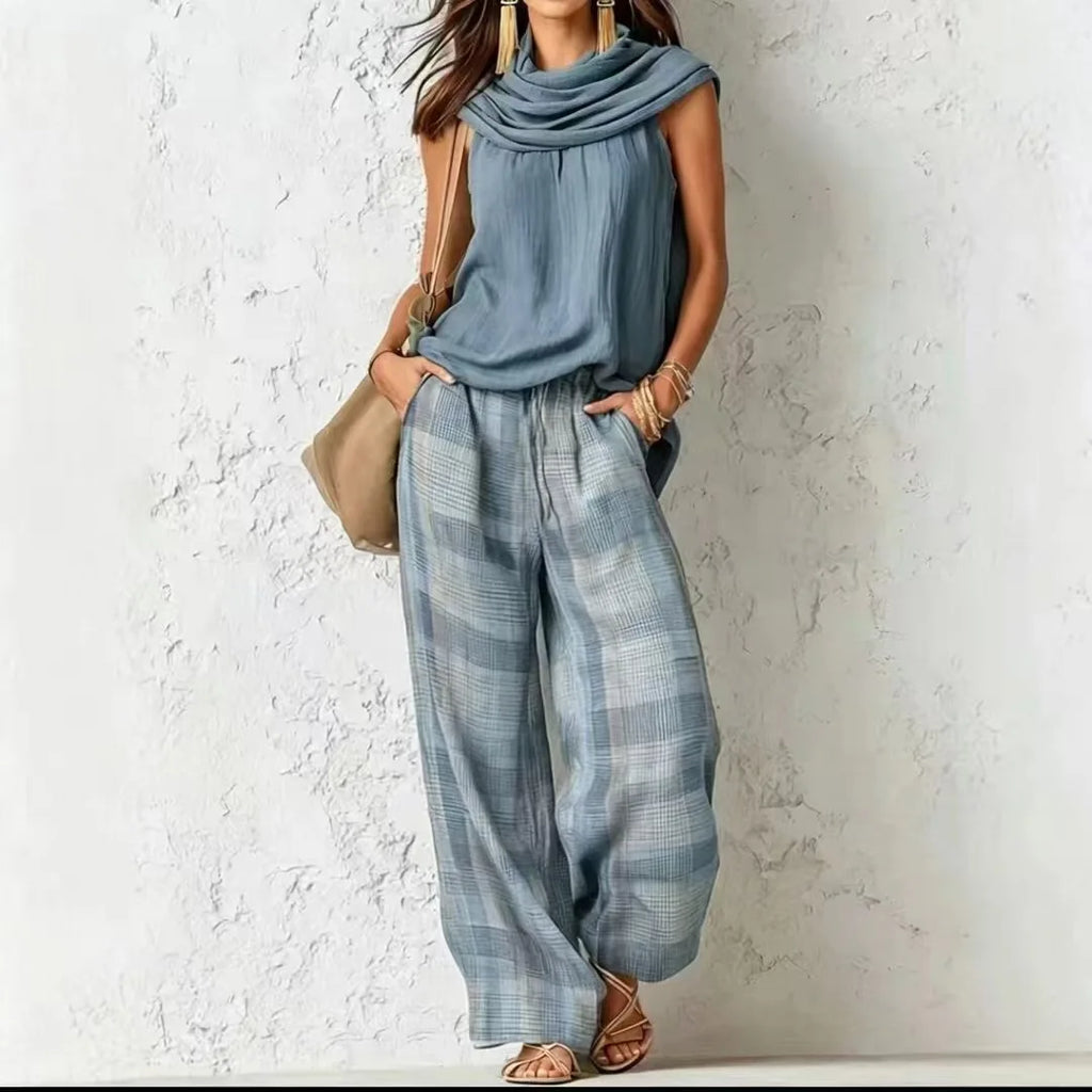 Women’s Casual Pants Set Sleeveless Draped Neck Top and High Waist Plaid Wide Leg Trousers 2 Piece Suit for Office Vacation Club