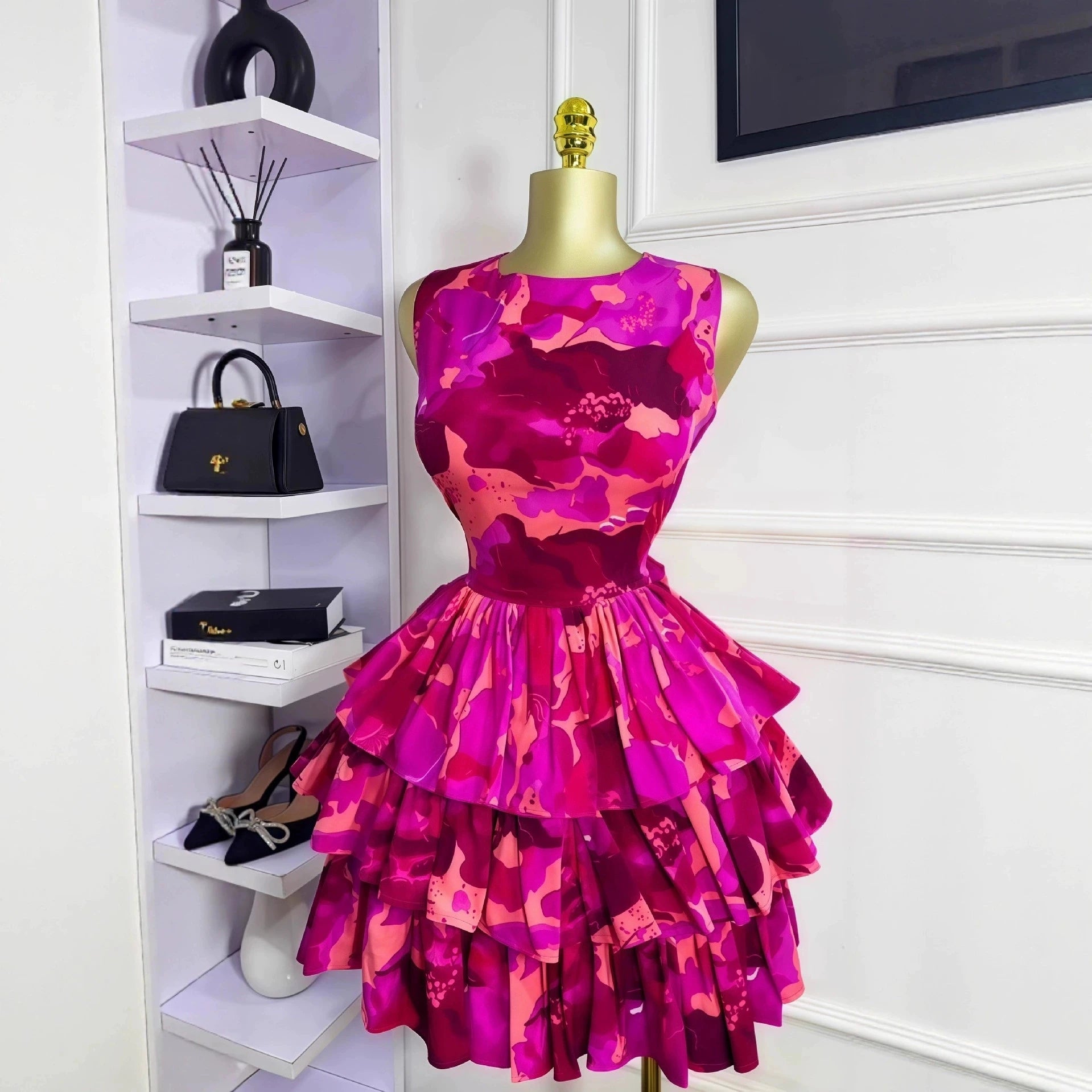 2026Elegant Women Ruffles Sexy Mini Dress Fashion Floral Print Chiffon Short Skirt Long Sleeve V Neck Hollow Out Low Cut Dresses