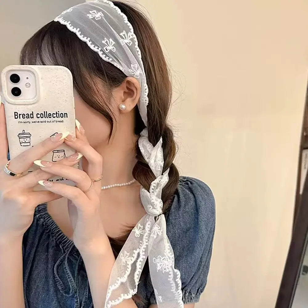 AWAYTR  Long Women Lace Floral Hair Scarf Elegant Embroidery Ribbon Scarves Lady Wrist Headbands Skinny Neckerchief Headwear