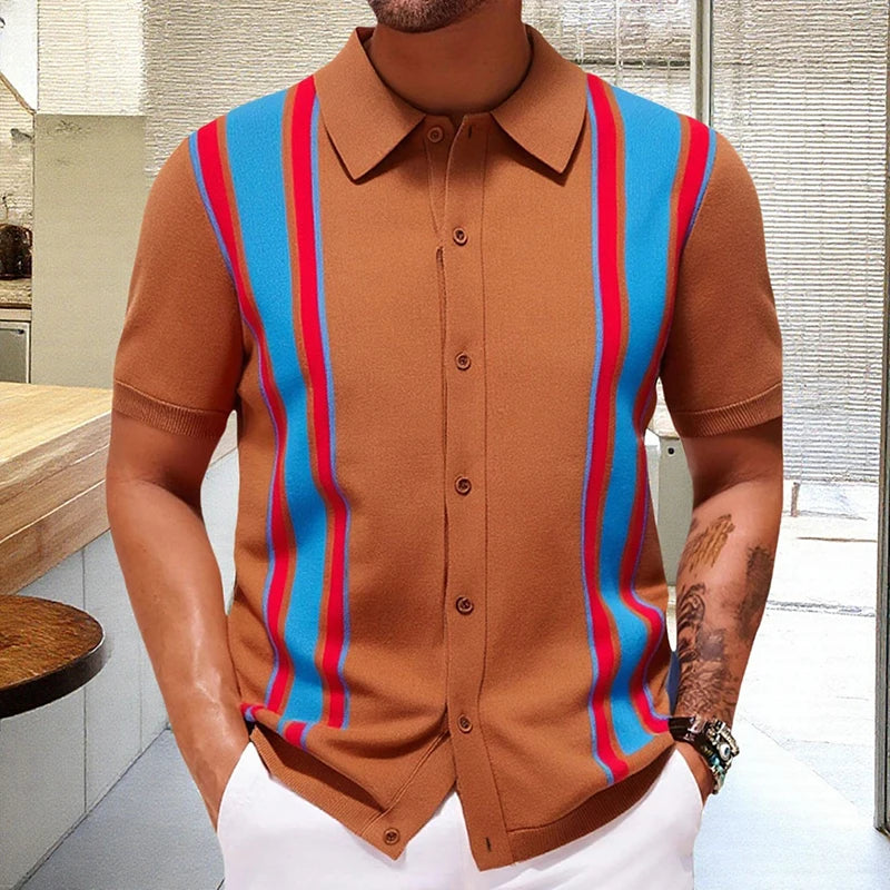 Summer Men Knitted Cardigan Polo Shirts Short Sleeve Striped Jacquarded Business Shirts American Retro Premium Quality Knitwear