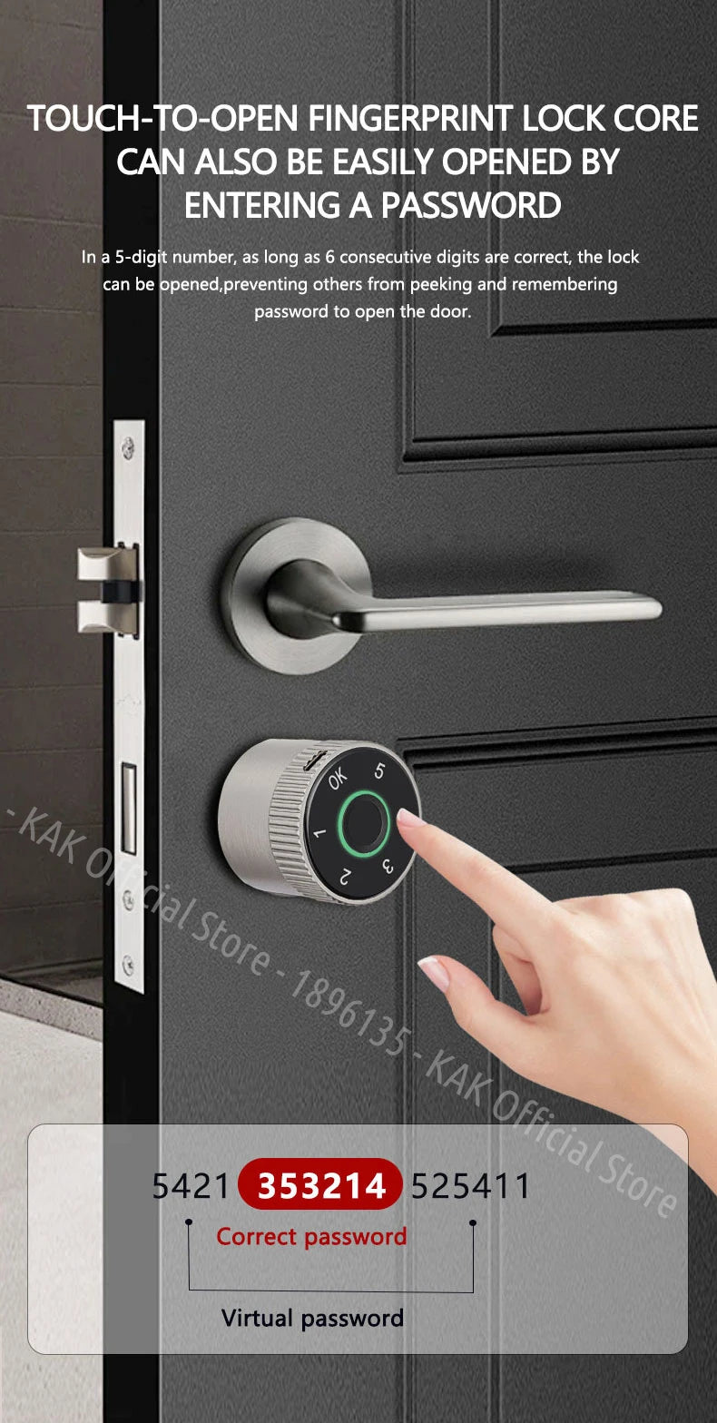 KAK Tuya APP Fingerprint Cylinder Smart Door Lock Electronic Digital Password Code Lock Keyless Remote Control Lock Hardware