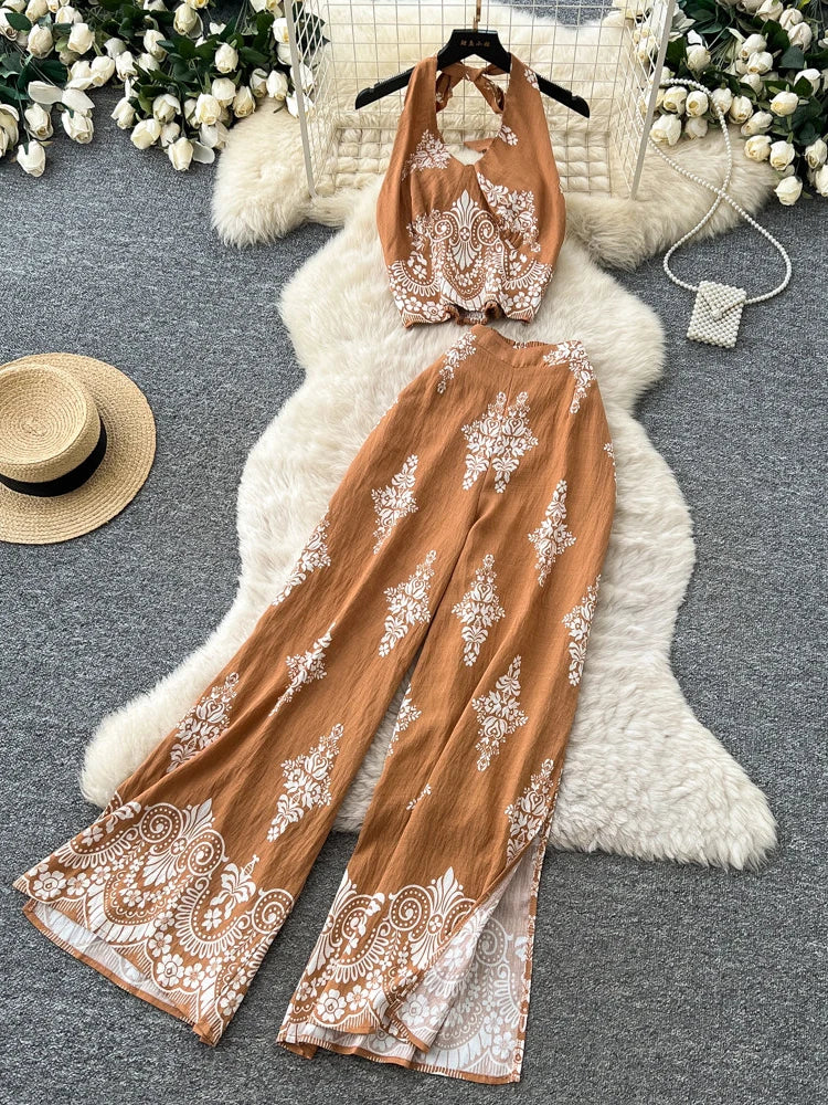Women's Summer Two Pieces Bohemian Vacation Printed Halter Neck Sleeveless Top High Waist Wide Leg Pants Two-piece Set TP044