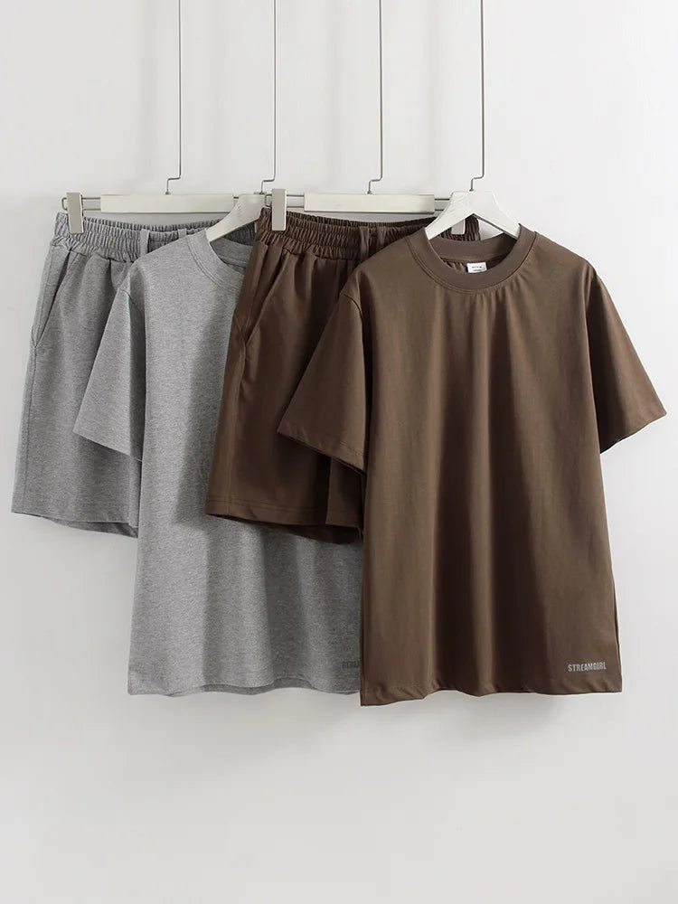 Summer 2 Piece Shorts Set Woman Cotton Brown Oversized T Shirts And Shorts Two Pieces Outfits For Women White Short Sets Pink