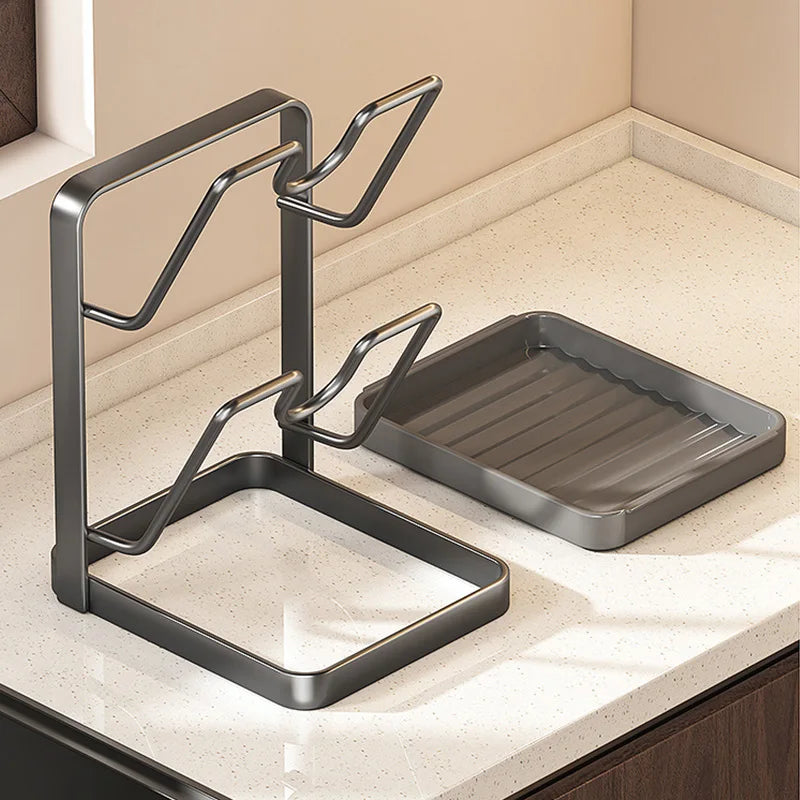 Kitchen Pot Lid Rack No Drill Pot Lid Organizer Kitchen Space Saving Countertop Organizer Rack with Drainage Tray Easy to Clean