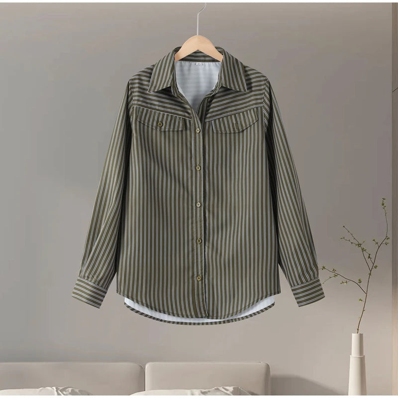 Multicolor Striped Shirt 2 Picec Set Button Front Blouse High Waist Flared Hem Maxi Skirt 2026 Summer Elegant Lady Vacation Suit