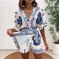 Women V Neck Beach Printed High Waist Stretch Jumpsuit Shorts Overall Playsuit